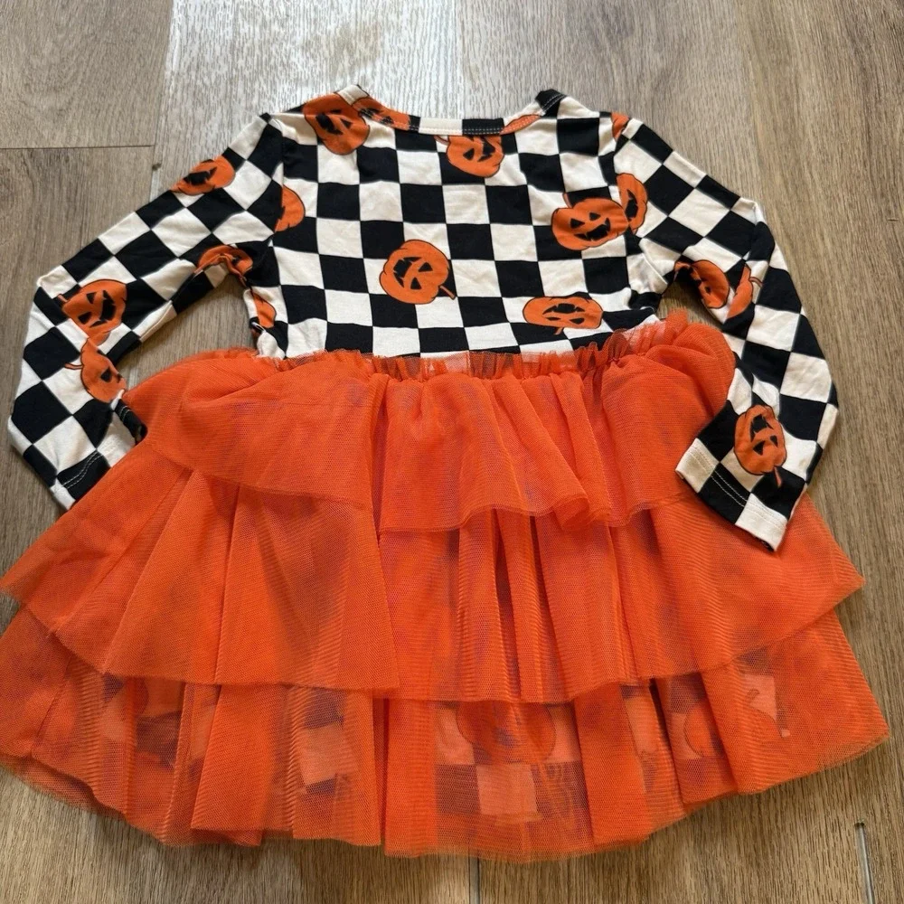 Dream Big Little Bamboo Halloween Pumpkin 2T Checkered Dress Orange Tutu Tulle